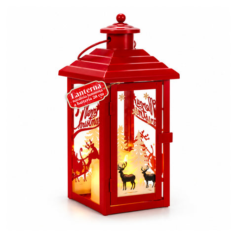 Lichtgevende kerstlantaarn op batterijen 12x12x28 cm met rendieren