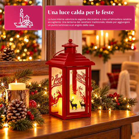 Lichtgevende kerstlantaarn op batterijen 12x12x28 cm met rendieren