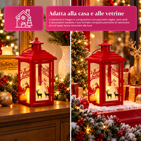 Lichtgevende kerstlantaarn op batterijen 12x12x28 cm met rendieren
