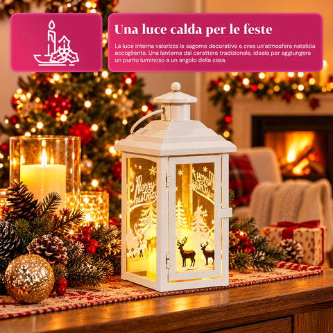 Lichtgevende kerstlantaarn op batterijen 12x12x28 cm met rendieren