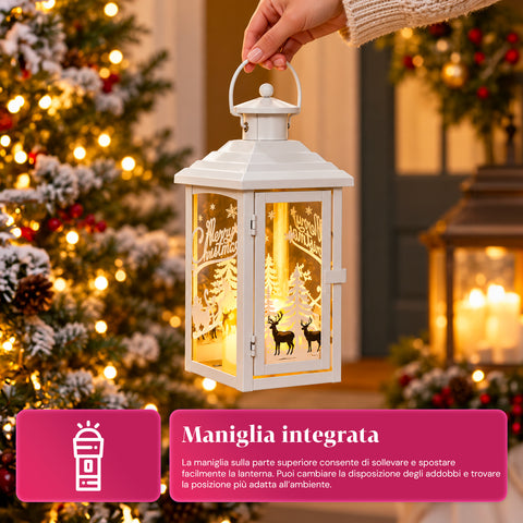 Lichtgevende kerstlantaarn op batterijen 12x12x28 cm met rendieren