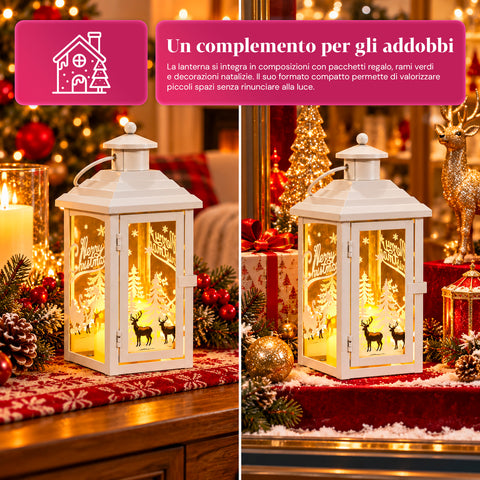 Lichtgevende kerstlantaarn op batterijen 12x12x28 cm met rendieren