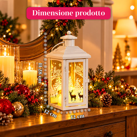 Lichtgevende kerstlantaarn op batterijen 12x12x28 cm met rendieren
