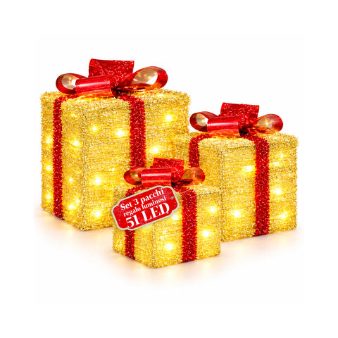 Set van 3 verlichte cadeaupakketten op batterijen, 51 warmwitte leds