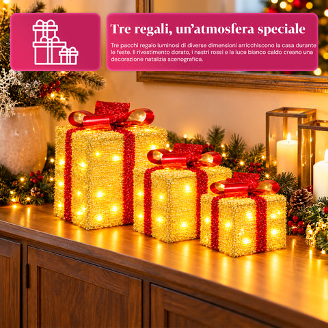 Set van 3 verlichte cadeaupakketten op batterijen, 51 warmwitte leds