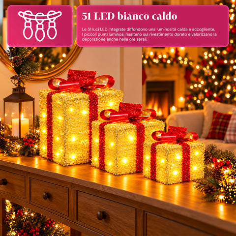 Set van 3 verlichte cadeaupakketten op batterijen, 51 warmwitte leds