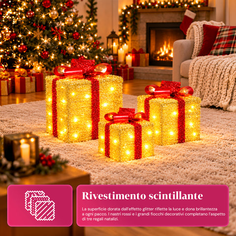 Set van 3 verlichte cadeaupakketten op batterijen, 51 warmwitte leds