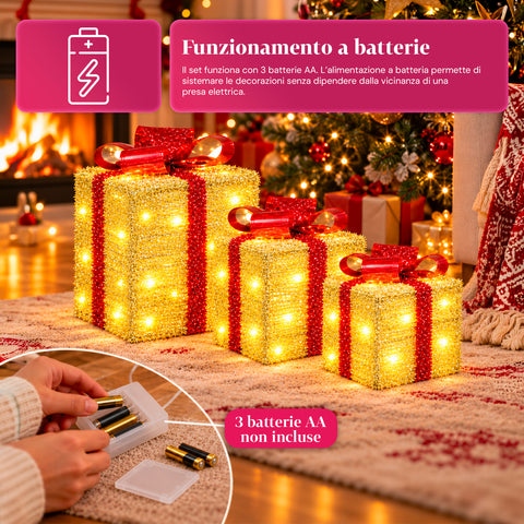 Set van 3 verlichte cadeaupakketten op batterijen, 51 warmwitte leds
