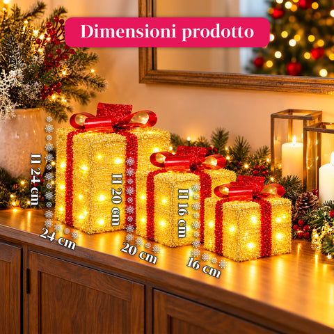 Set van 3 verlichte cadeaupakketten op batterijen, 51 warmwitte leds