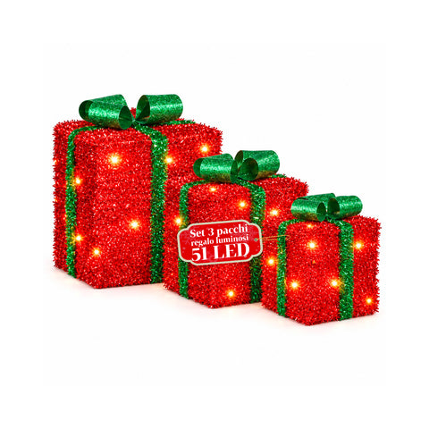 Set van 3 verlichte cadeaupakketten op batterijen, 51 warmwitte leds