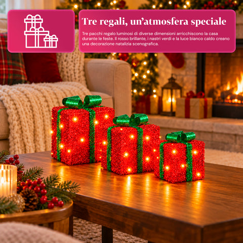 Set van 3 verlichte cadeaupakketten op batterijen, 51 warmwitte leds