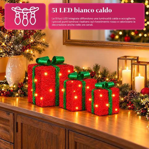 Set van 3 verlichte cadeaupakketten op batterijen, 51 warmwitte leds