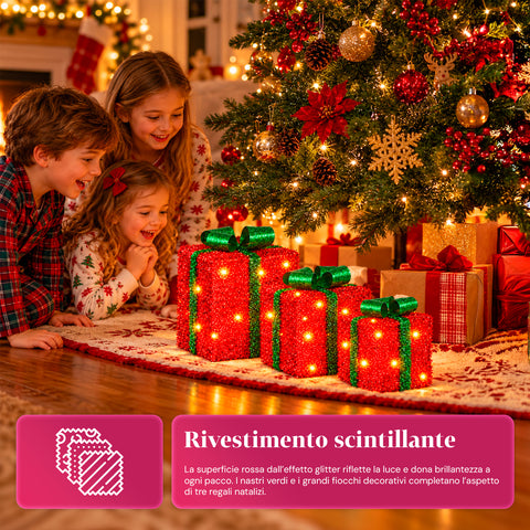 Set van 3 verlichte cadeaupakketten op batterijen, 51 warmwitte leds