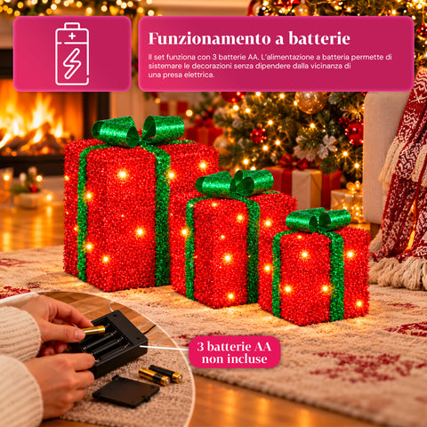 Set van 3 verlichte cadeaupakketten op batterijen, 51 warmwitte leds