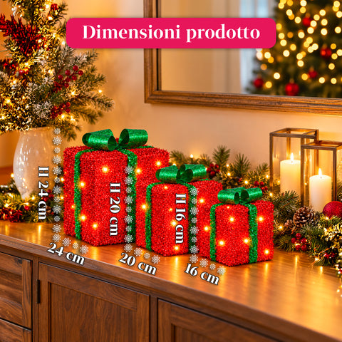 Set van 3 verlichte cadeaupakketten op batterijen, 51 warmwitte leds