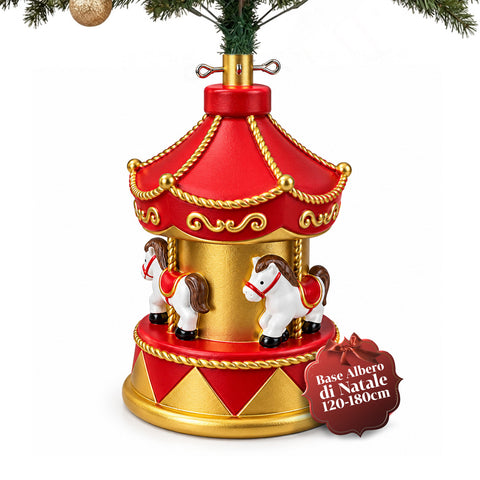 Kerstboomvoet met draaimolen met paarden, rood en goud, 54 cm