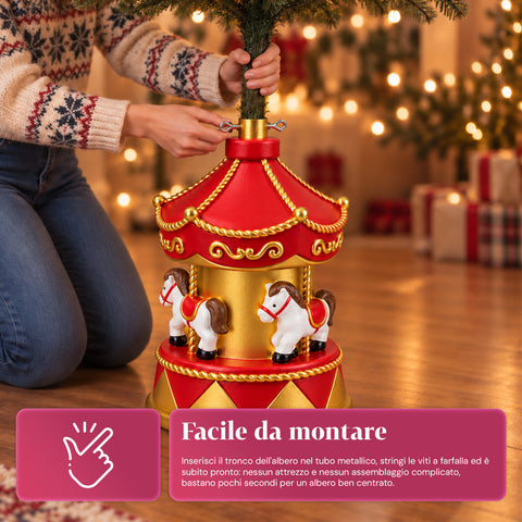 Kerstboomvoet met draaimolen met paarden, rood en goud, 54 cm