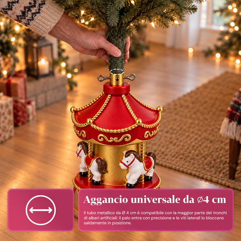 Kerstboomvoet met draaimolen met paarden, rood en goud, 54 cm