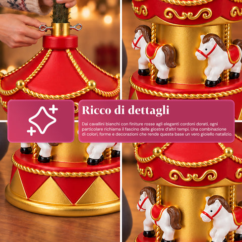 Kerstboomvoet met draaimolen met paarden, rood en goud, 54 cm