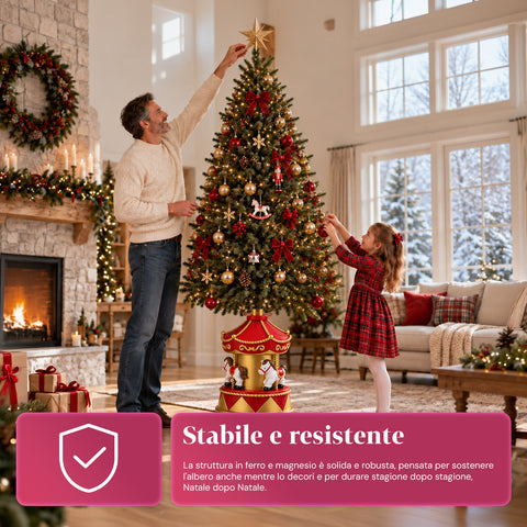 Kerstboomvoet met draaimolen met paarden, rood en goud, 54 cm