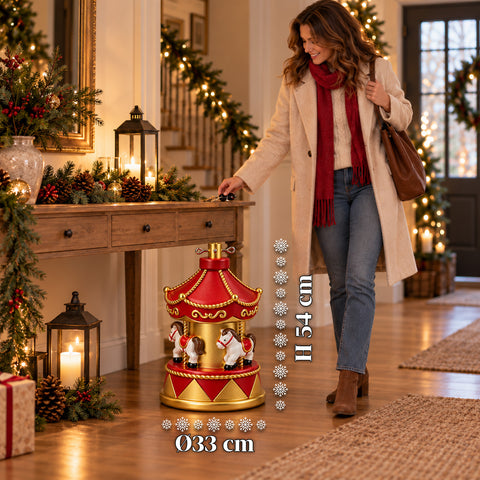 Kerstboomvoet met draaimolen met paarden, rood en goud, 54 cm