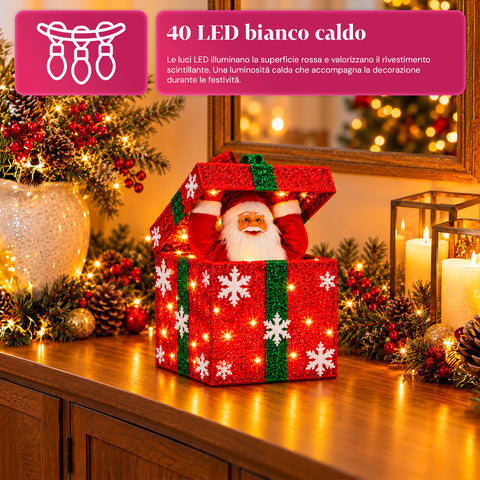 Lichtgevend cadeaupakket met muzikale en bewegende kerstman, H30 cm