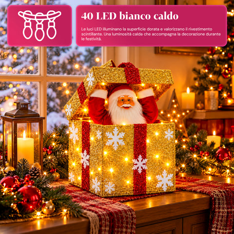 Lichtgevend cadeaupakket met muzikale en bewegende kerstman, H30 cm