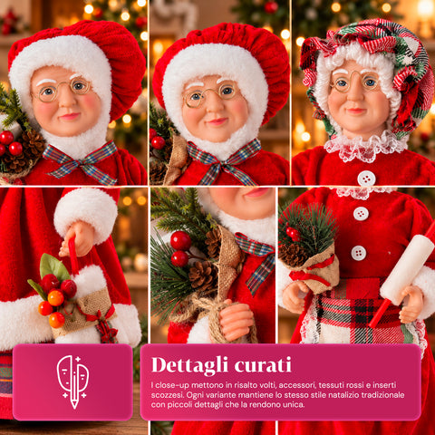 Kerstfiguur Kerstman en Kerstvrouw h45cm, decoratie voor huis, winkel en etalage, 3 assorti-varianten met dennentakjes en dennenappels