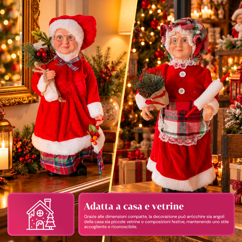Kerstfiguur Kerstman en Kerstvrouw h45cm, decoratie voor huis, winkel en etalage, 3 assorti-varianten met dennentakjes en dennenappels