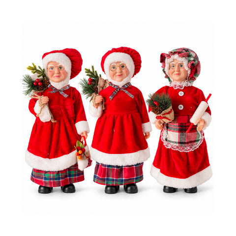 Kerstfiguur Kerstman en Kerstvrouw h45cm, decoratie voor huis, winkel en etalage, 3 assorti-varianten met dennentakjes en dennenappels