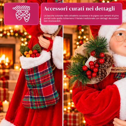 Kerstfiguur Kerstman en Kerstvrouw h110cm, decoratie voor huis, winkel en etalage, 2 varianten om uit te kiezen met dennentakjes en dennenappels