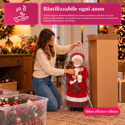 Kerstfiguur Kerstman en Kerstvrouw h110cm, decoratie voor huis, winkel en etalage, 2 varianten om uit te kiezen met dennentakjes en dennenappels