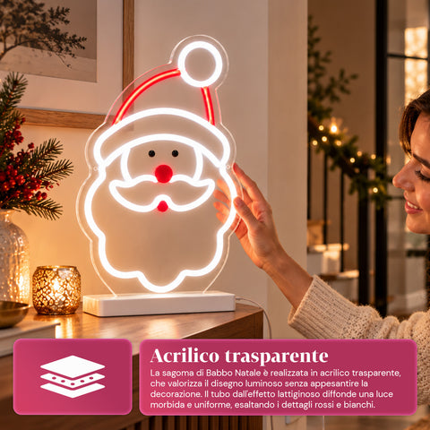 Lichtgevende neon-ledkerstman 25x40 cm, rood en wit licht