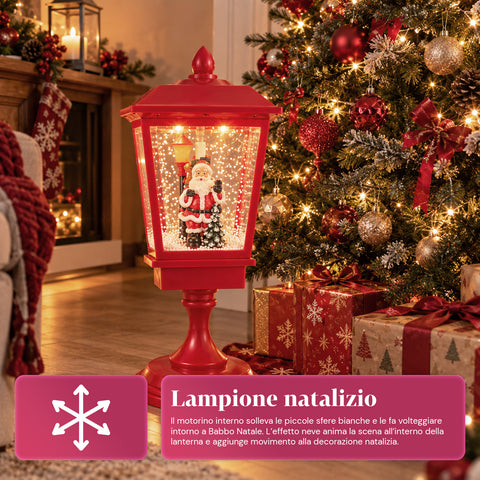 Verlichte kerstlantaarn 60 cm met de kerstman, opwaaiend sneeuweffect en muziek, ledverlichting, decoratieve rode kerstlantaarn