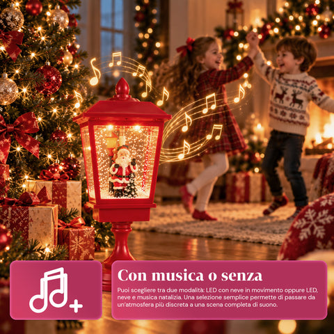 Verlichte kerstlantaarn 60 cm met de kerstman, opwaaiend sneeuweffect en muziek, ledverlichting, decoratieve rode kerstlantaarn