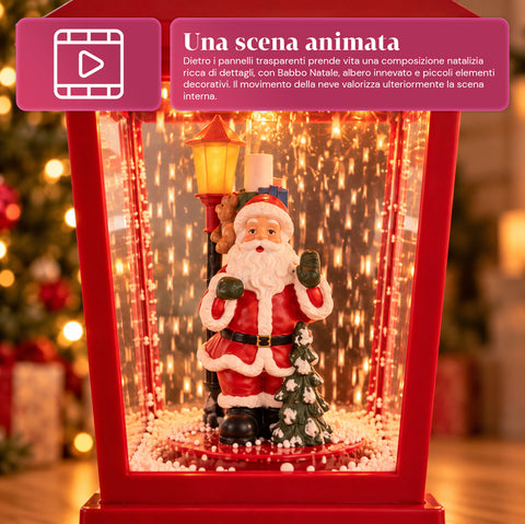 Verlichte kerstlantaarn 60 cm met de kerstman, opwaaiend sneeuweffect en muziek, ledverlichting, decoratieve rode kerstlantaarn