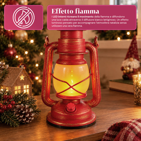 Rode kerstlantaarn met led-vlameffect en kerstmuziek, ophanghaak en gouden afwerking, decoratie 15x11x25 cm
