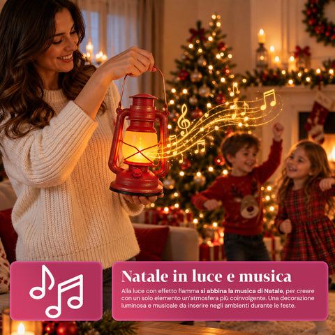 Rode kerstlantaarn met led-vlameffect en kerstmuziek, ophanghaak en gouden afwerking, decoratie 15x11x25 cm