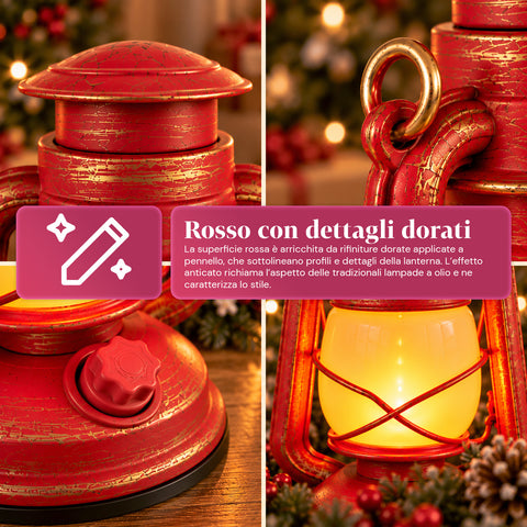 Rode kerstlantaarn met led-vlameffect en kerstmuziek, ophanghaak en gouden afwerking, decoratie 15x11x25 cm