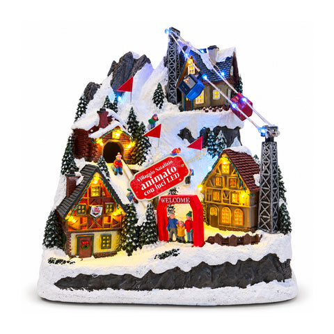Verlicht kerstdorp met bewegende glijbaan, kabelbaan, ledverlichting en kerstmuziek – 28x19x32 cm