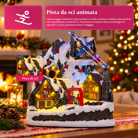 Verlicht kerstdorp met bewegende glijbaan, kabelbaan, ledverlichting en kerstmuziek – 28x19x32 cm