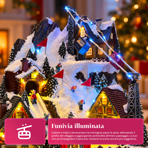 Verlicht kerstdorp met bewegende glijbaan, kabelbaan, ledverlichting en kerstmuziek – 28x19x32 cm
