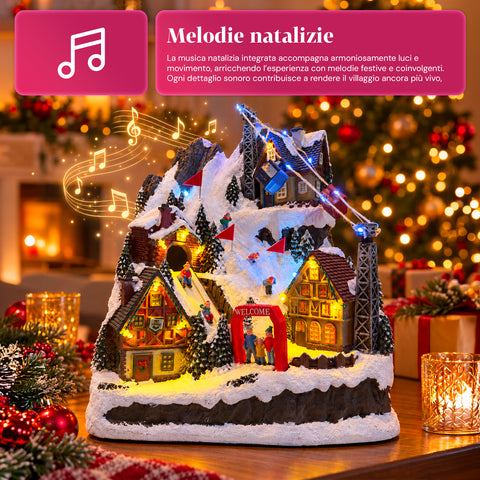 Verlicht kerstdorp met bewegende glijbaan, kabelbaan, ledverlichting en kerstmuziek – 28x19x32 cm