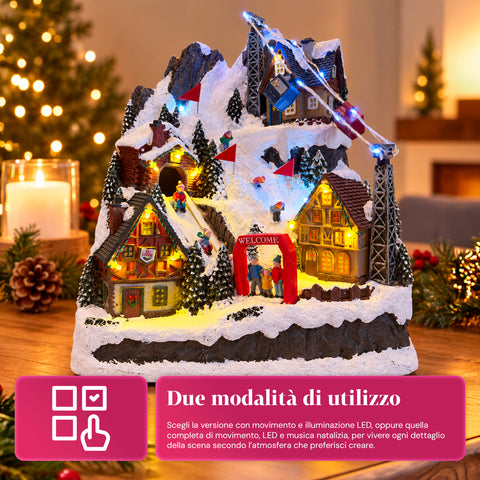 Verlicht kerstdorp met bewegende glijbaan, kabelbaan, ledverlichting en kerstmuziek – 28x19x32 cm