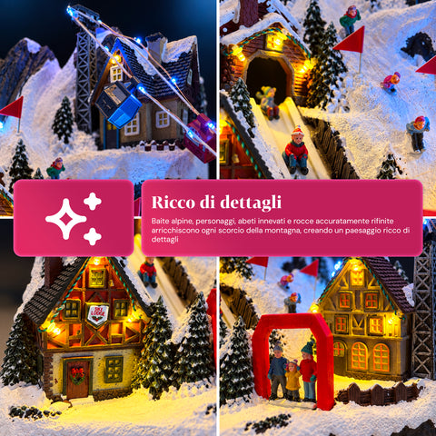 Verlicht kerstdorp met bewegende glijbaan, kabelbaan, ledverlichting en kerstmuziek – 28x19x32 cm