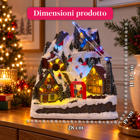 Verlicht kerstdorp met bewegende glijbaan, kabelbaan, ledverlichting en kerstmuziek – 28x19x32 cm