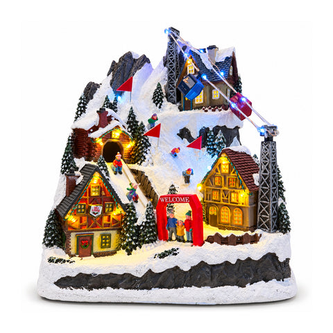 Verlicht kerstdorp met bewegende glijbaan, kabelbaan, ledverlichting en kerstmuziek – 28x19x32 cm