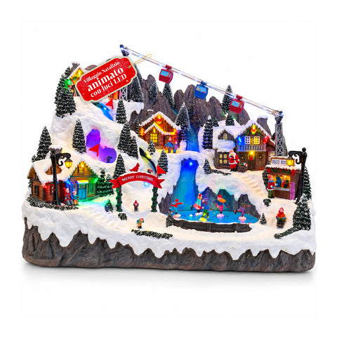 Verlicht kerstdorp met bewegende ski- en schaatspistes, ledverlichting en muziek – 56x37x42 cm