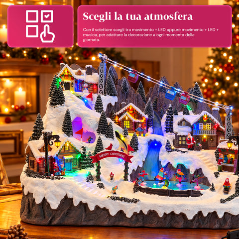 Verlicht kerstdorp met bewegende ski- en schaatspistes, ledverlichting en muziek – 56x37x42 cm