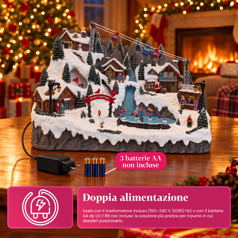 Verlicht kerstdorp met bewegende ski- en schaatspistes, ledverlichting en muziek – 56x37x42 cm